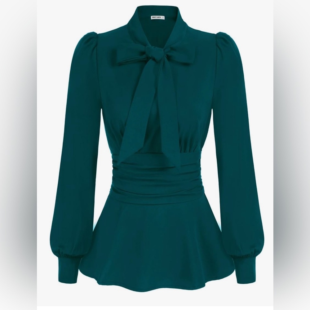 Grace Karin Navy Blue Peplum Blouse with Tie Front